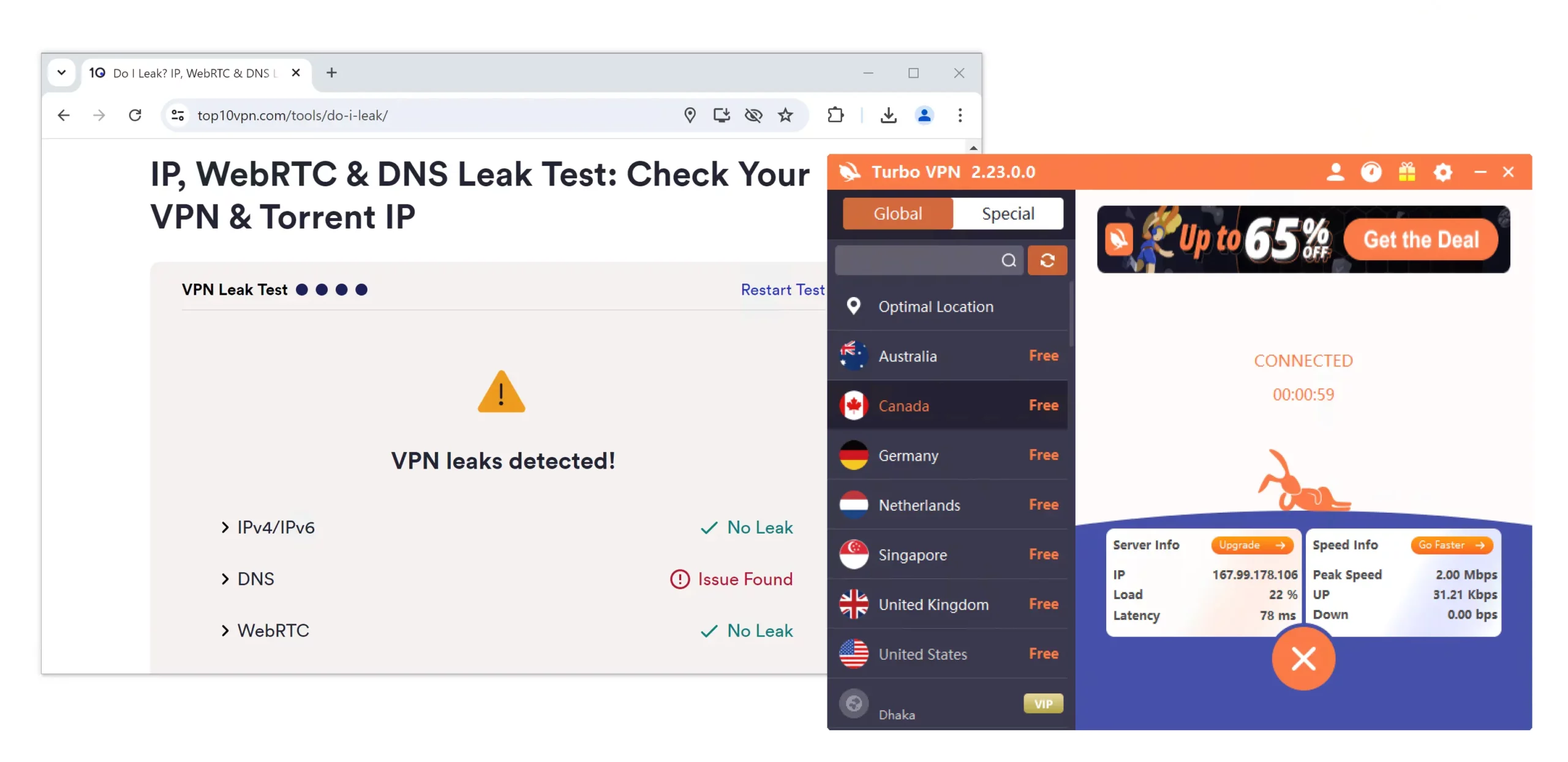 Detecting DNS leaks while using Turbo VPN with our leak test tool