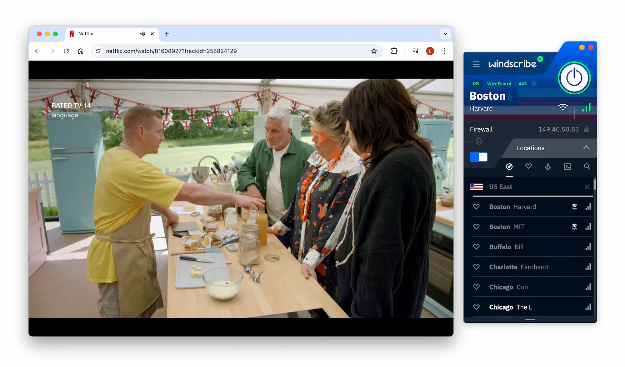 Watching GBBO, which is a US Netflix exclusive, while connected to Windscribe's Boston server.