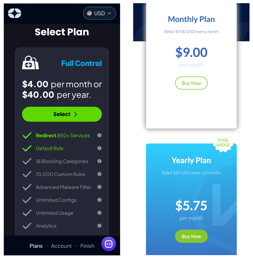 Windscribe's VPN subscription plans side-by-side with its Smart DNS plans, showing the price difference.