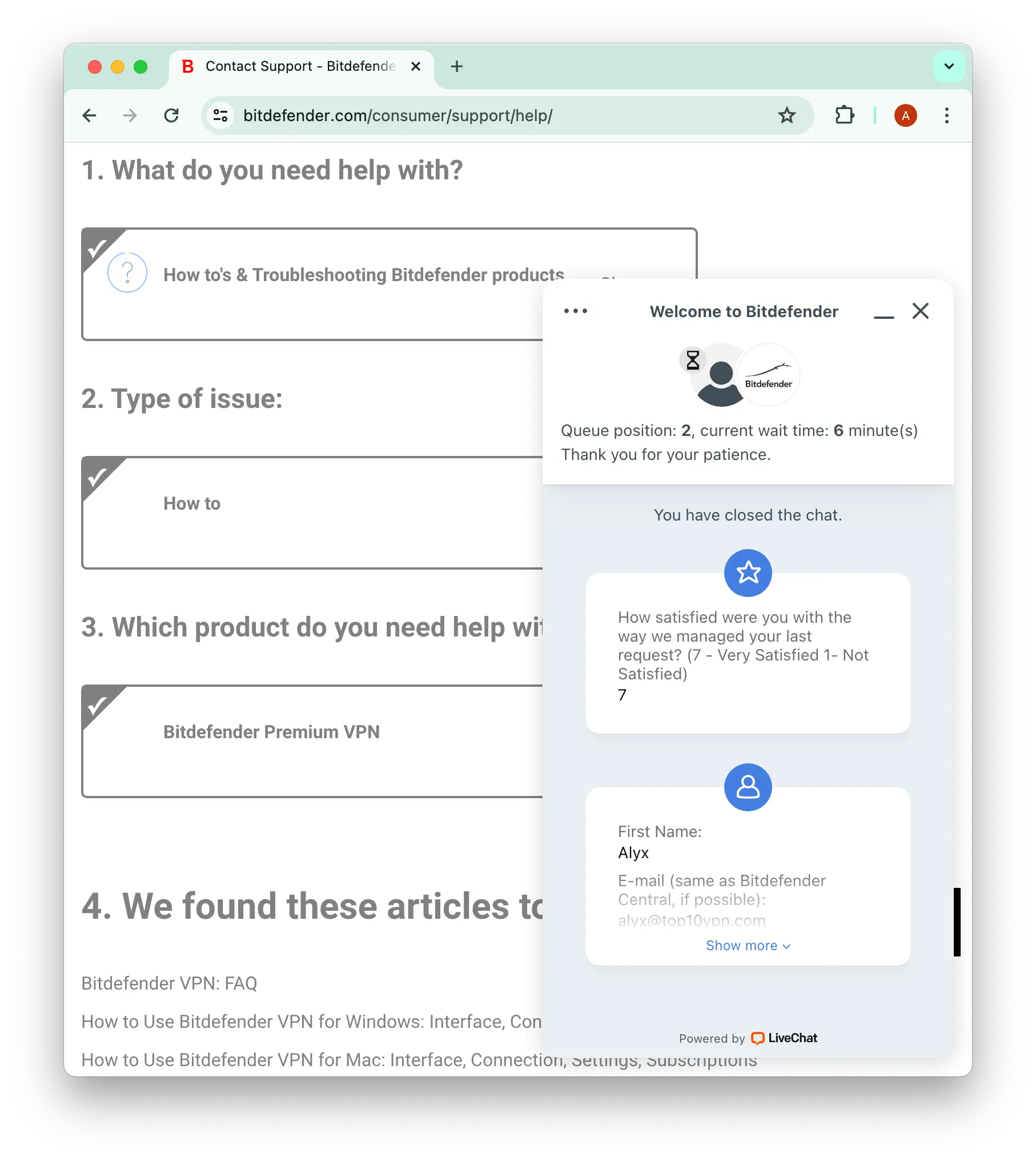 Bitdefender VPN live chat support has a queue of two other people.