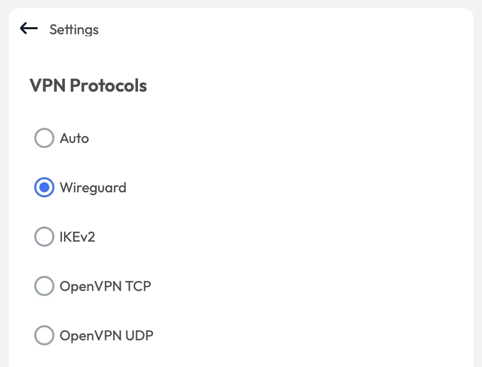 FastestVPN's protocol list on macOS