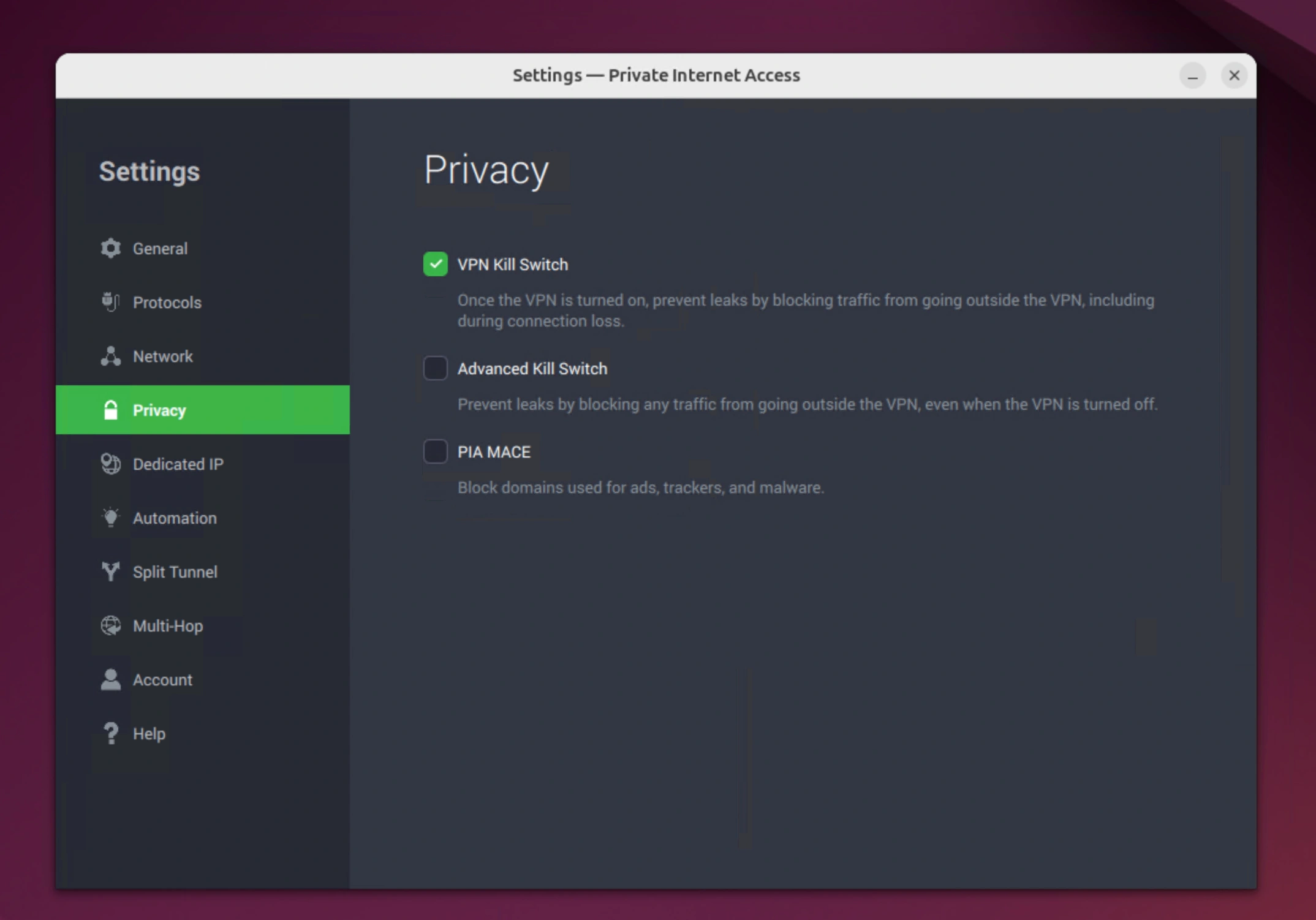 PIA's advanced privacy settings on Linux