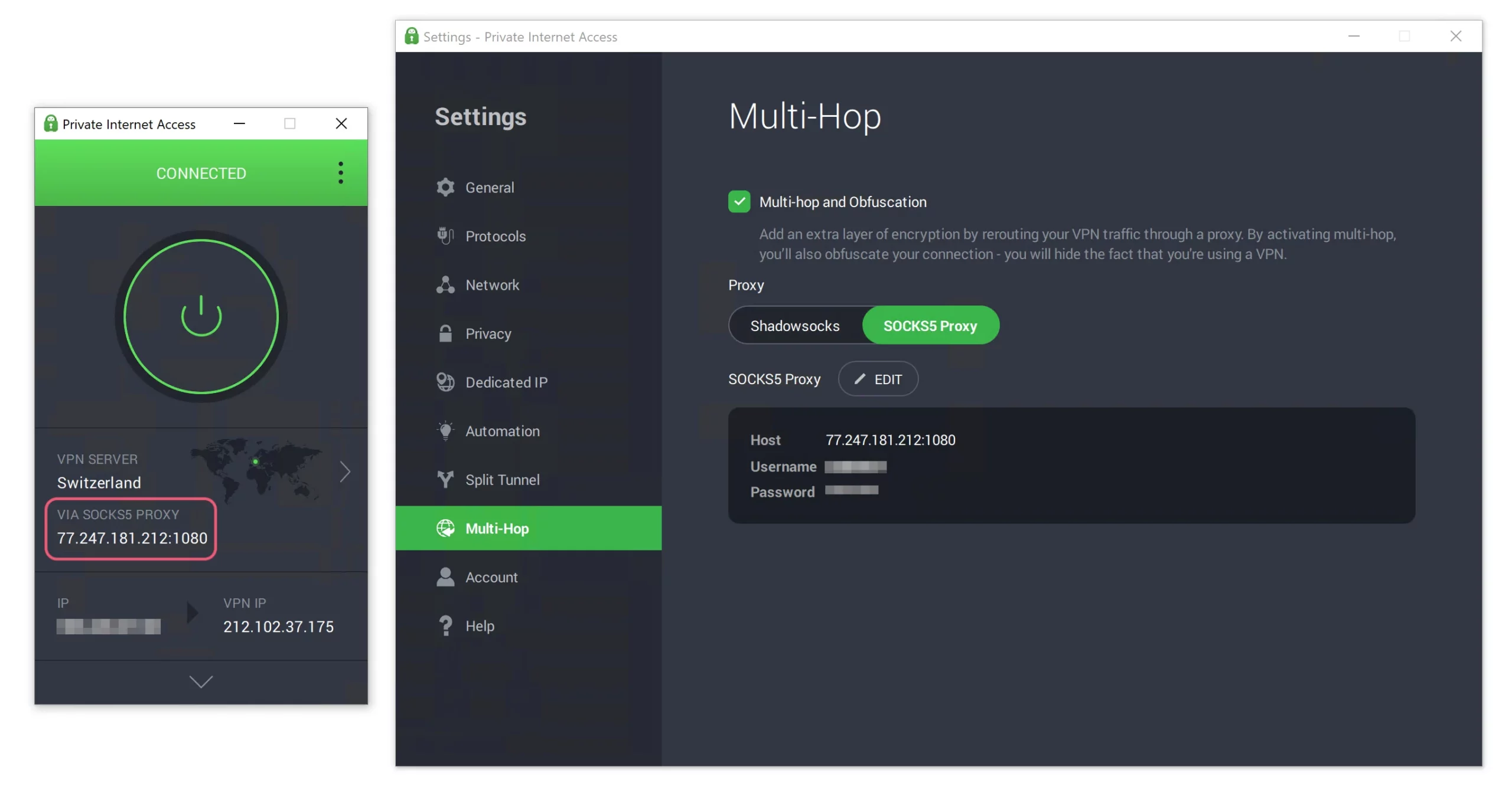 Using PIA's VPN with its SOCKS5 proxy to create a multi-hop connection.