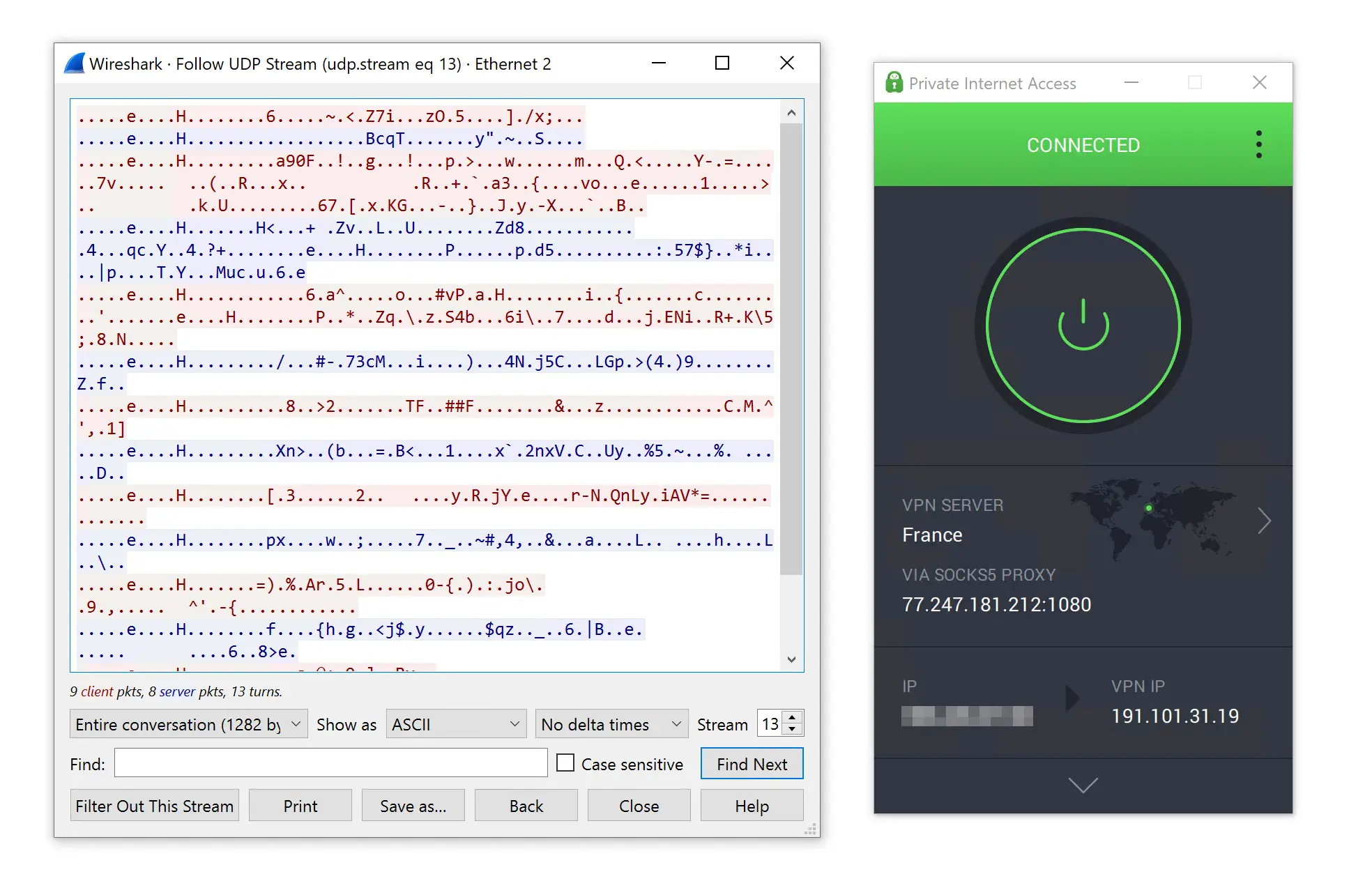 Testing PIA's SOCKS5 encryption with Wireshark