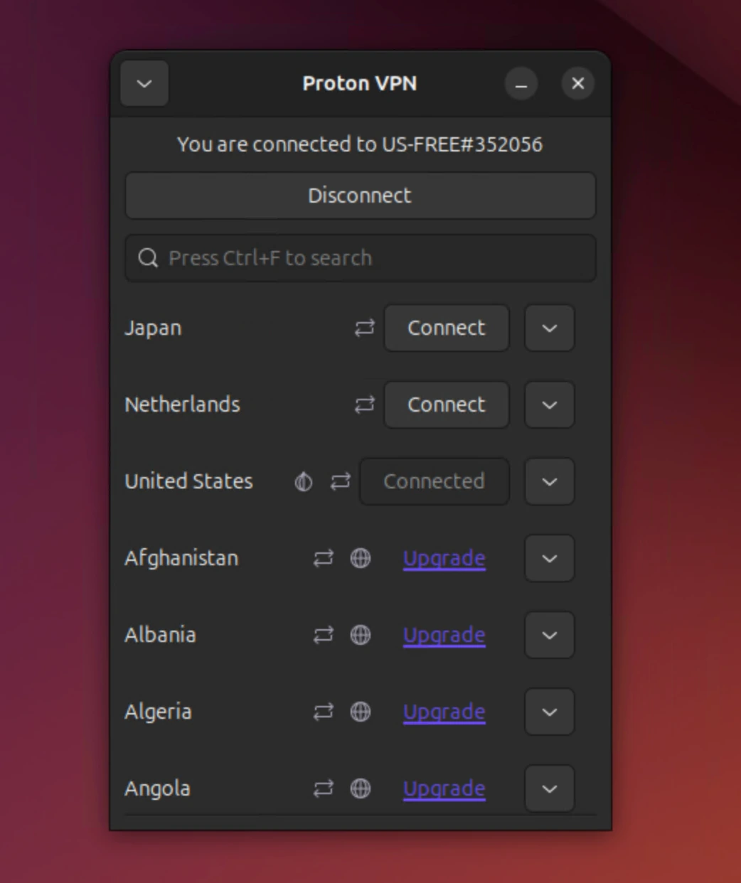 Proton VPN's Linux app running on Ubuntu