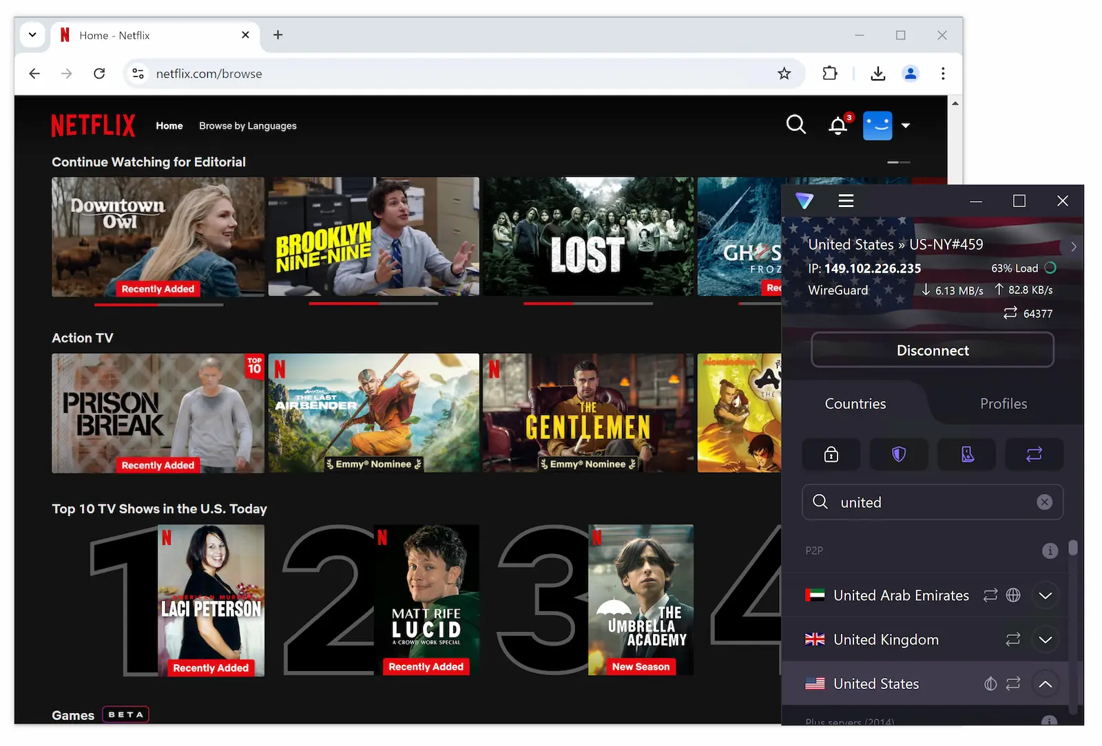 Accessing US Netflix while connected to a New York Proton VPN server