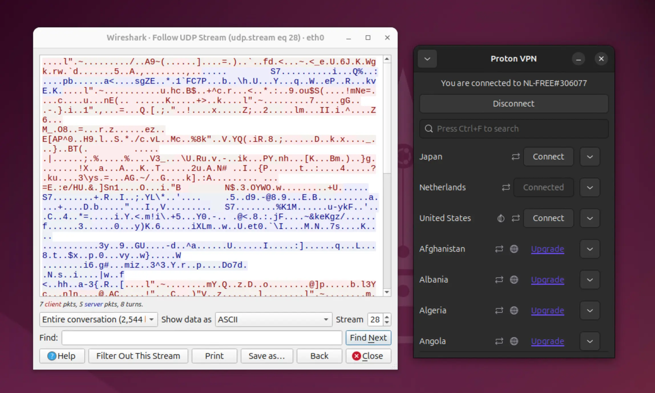 Wireshark results alongside Proton VPN Free's Linux app.