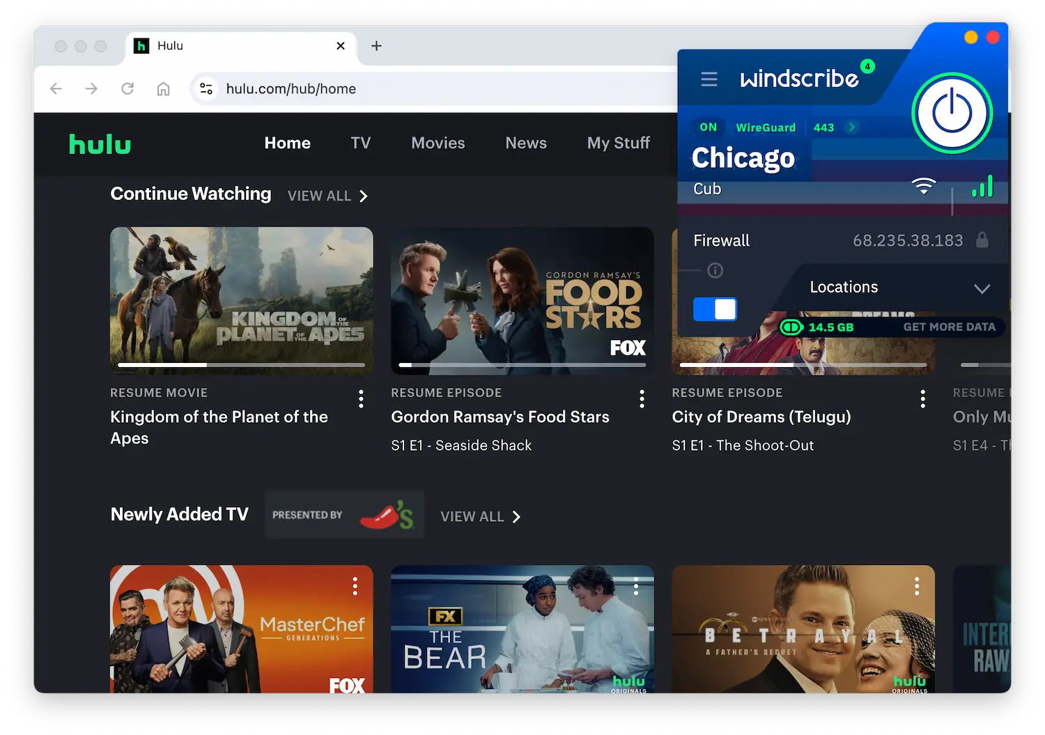 Accessing Hulu from outside the USA using Windscribe Free