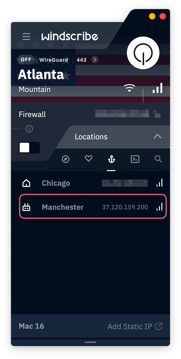 Static IP options in Windscribe's macOS app
