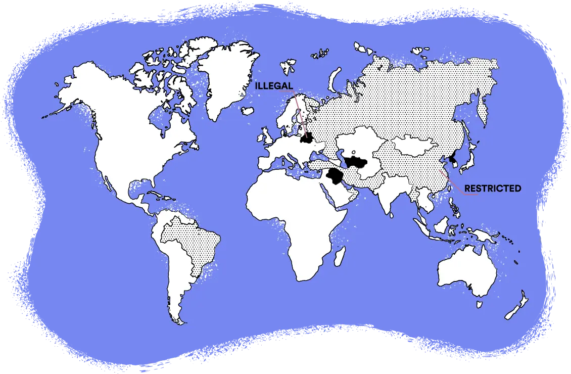 World map of where VPNs are illegal or restricted