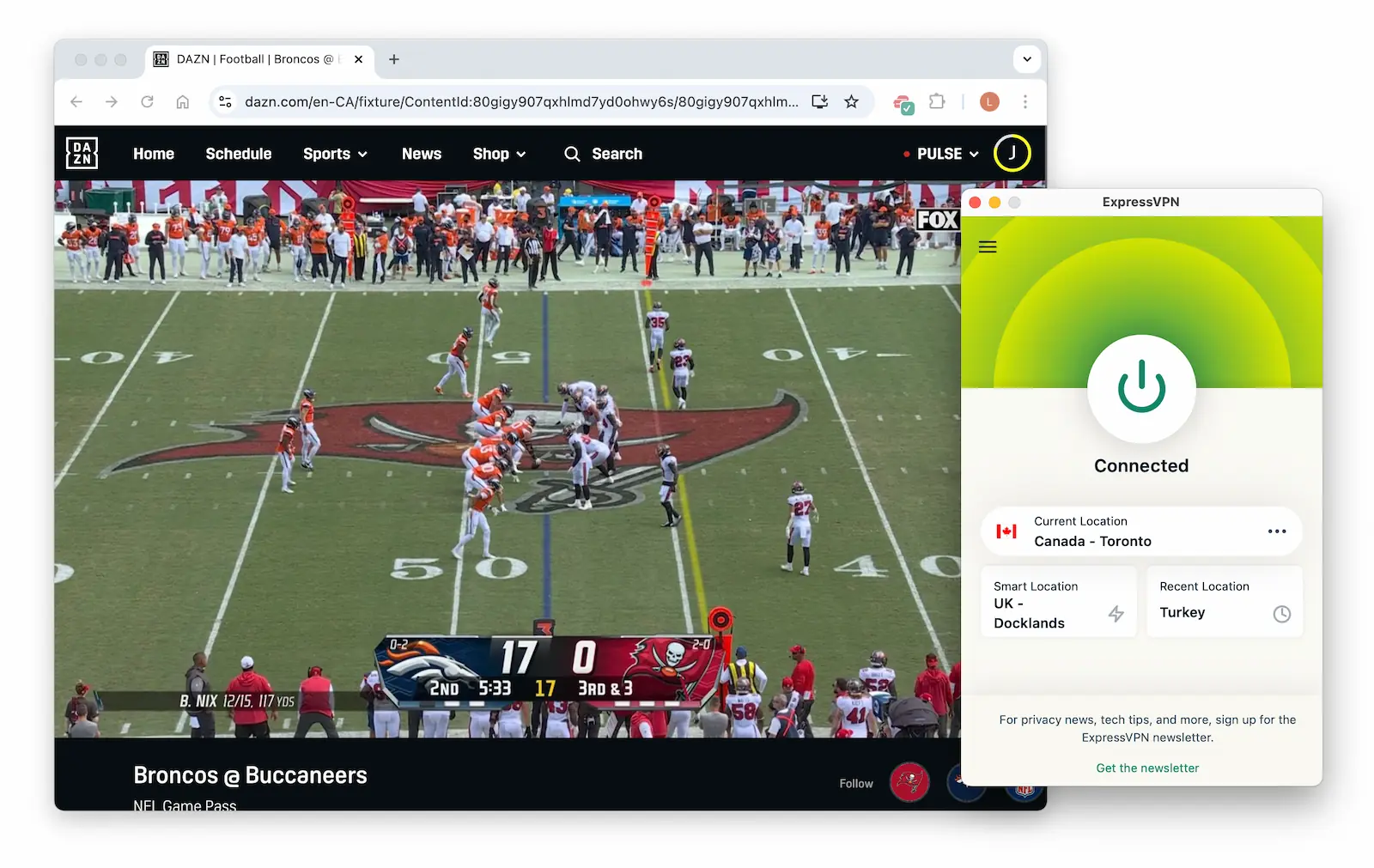 Viendo partidos exclusivos de DAZN Canadá tras conectarnos a un servidor canadiense de ExpressVPN