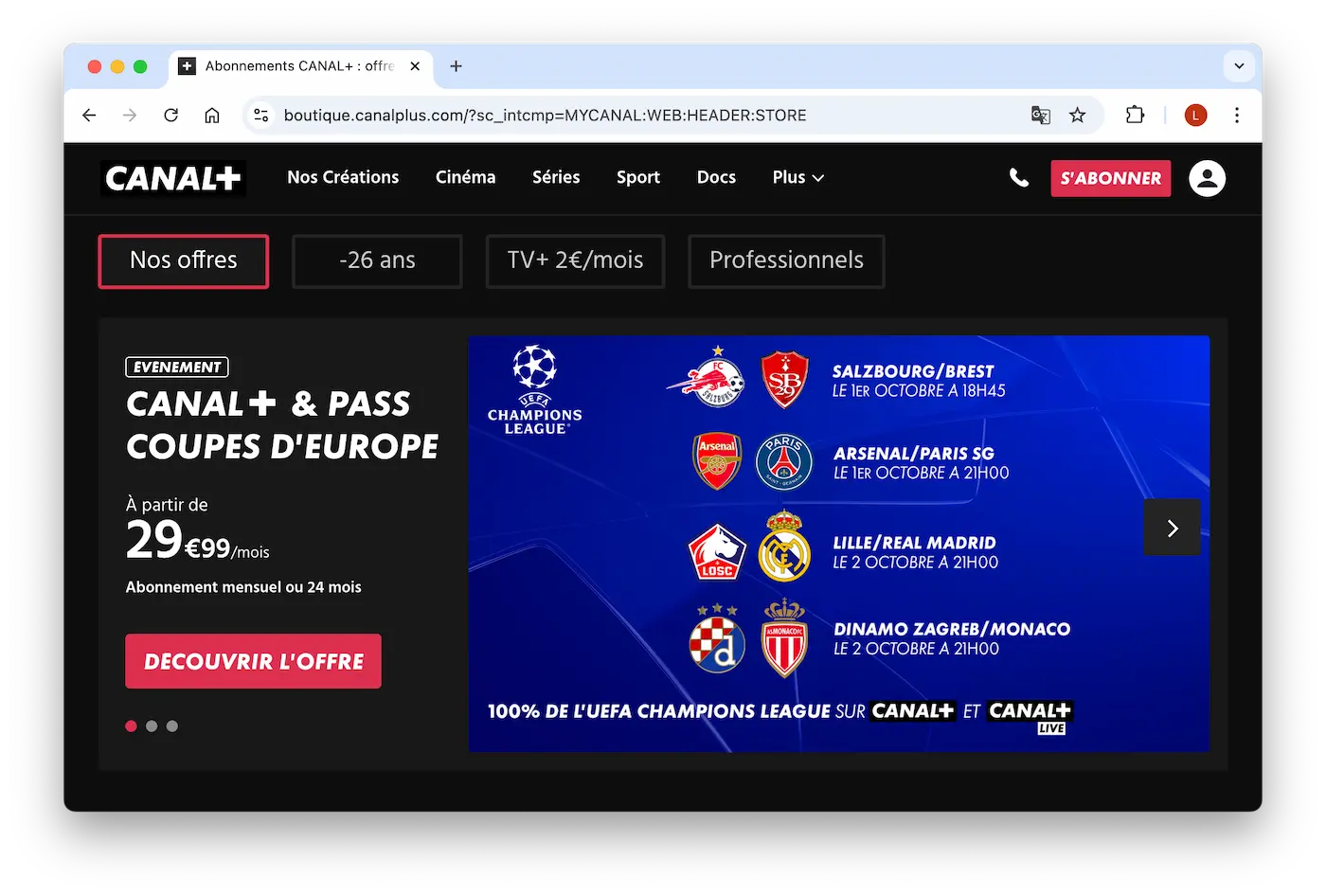 Plans tarifaires myCANAL (Canal+) pour regarder les matches de la Ligue des champions