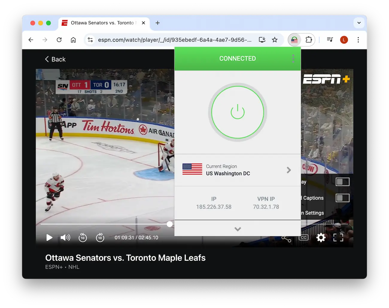 Watching NHL games while connected to a PIA VPN Washington DC server