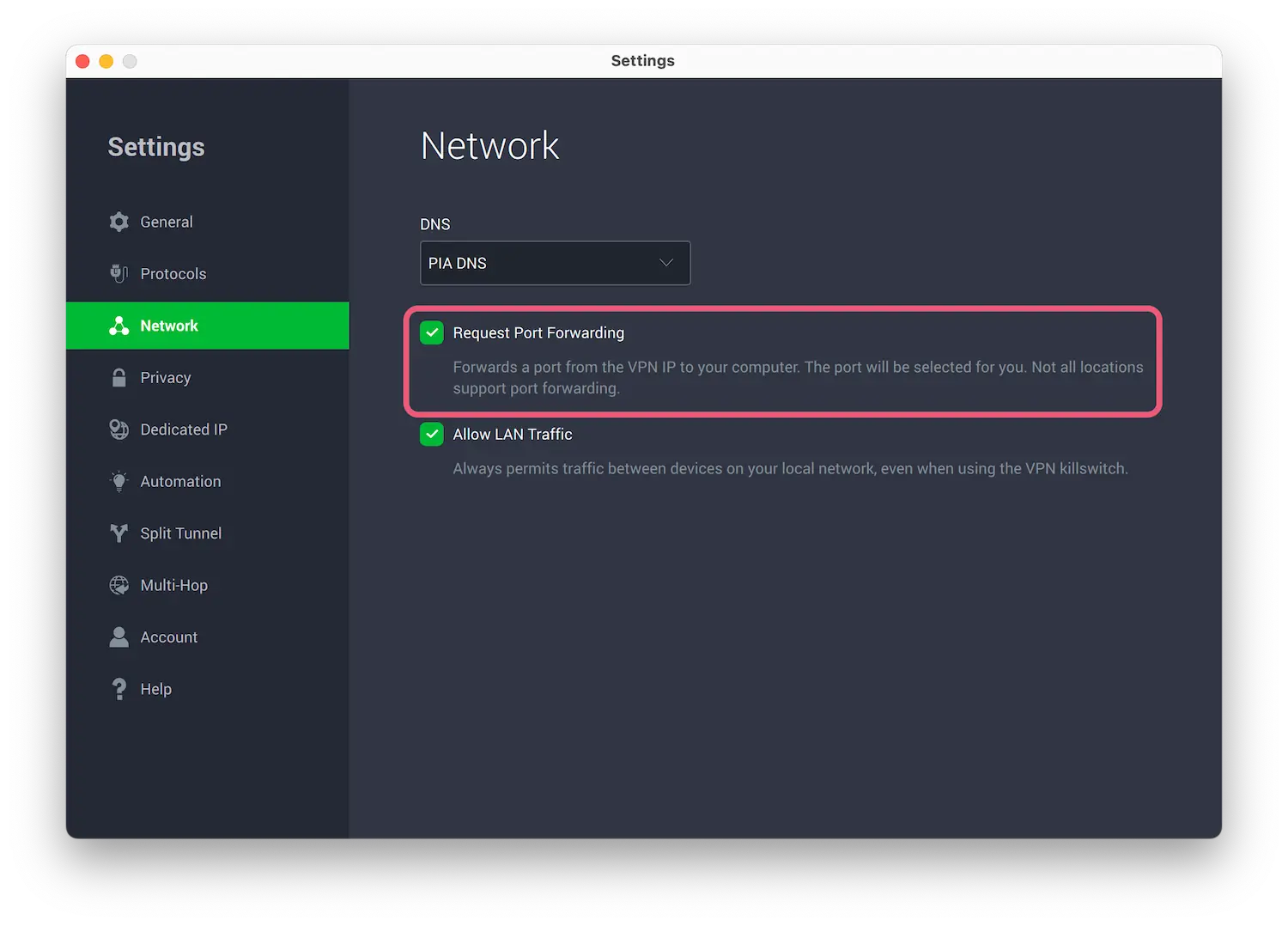 Enabling PIA's port forwarding feature in the app