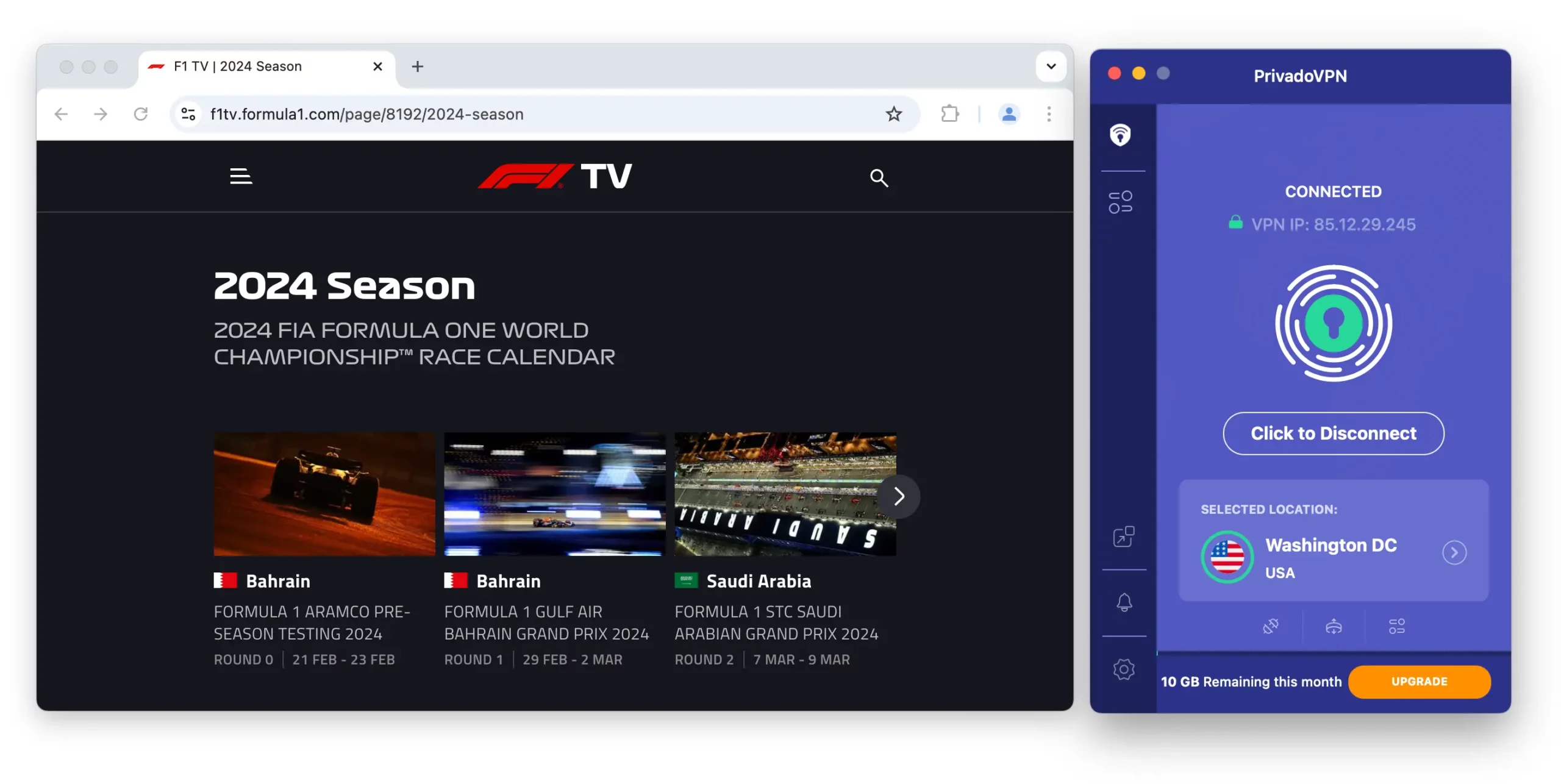 Using PrivadoVPN Free to access free F1 live streams.