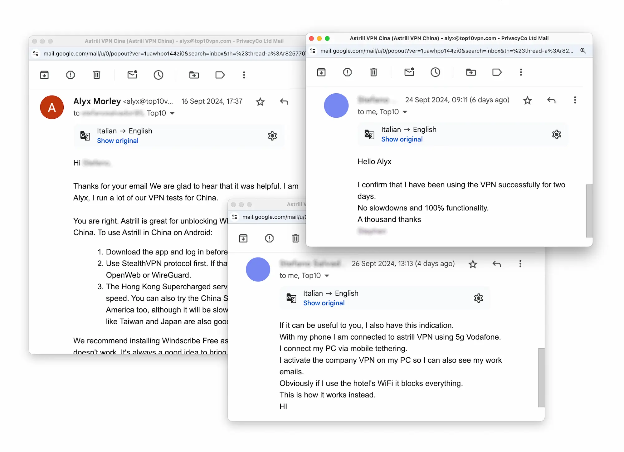 Email thread with Top10VPN reader confirming Astrill works in China to unblock WhatsApp, Facebook and Gmail