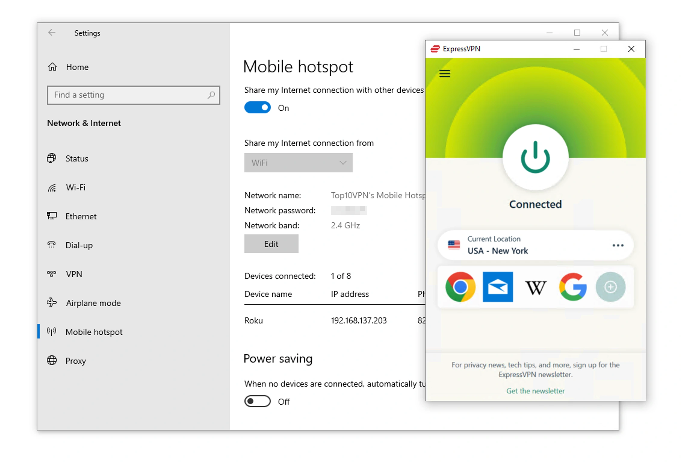 Sharing a VPN connection with Roku via a Windows mobile hotspot