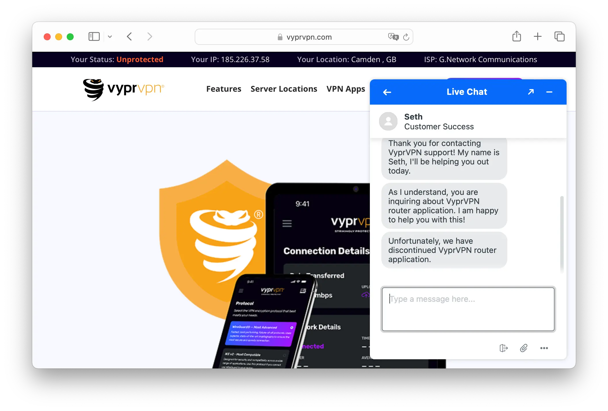 VyprVPN live chat confirming the removal of its router app.