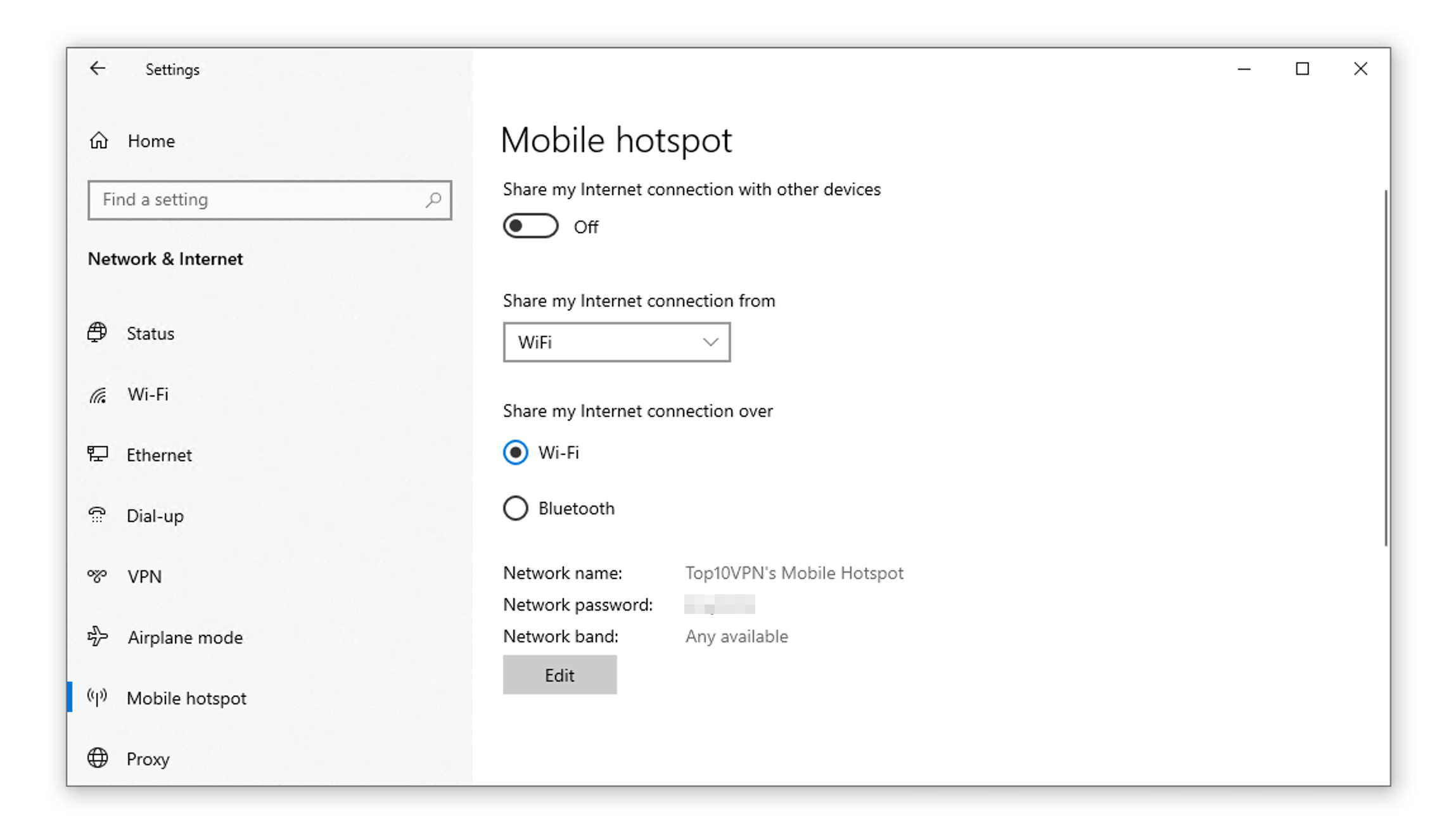 Windows 10 mobile hotspot settings