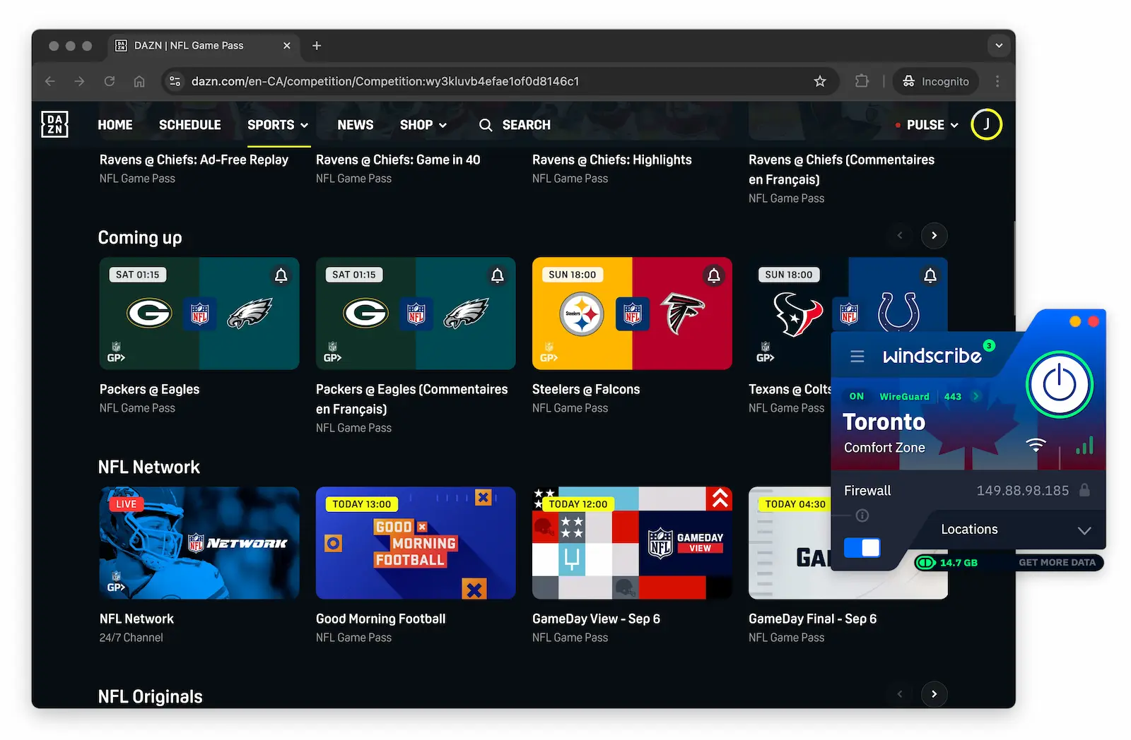 Accessing out-of-market NFL games on DAZN Canada using Windscribe Free