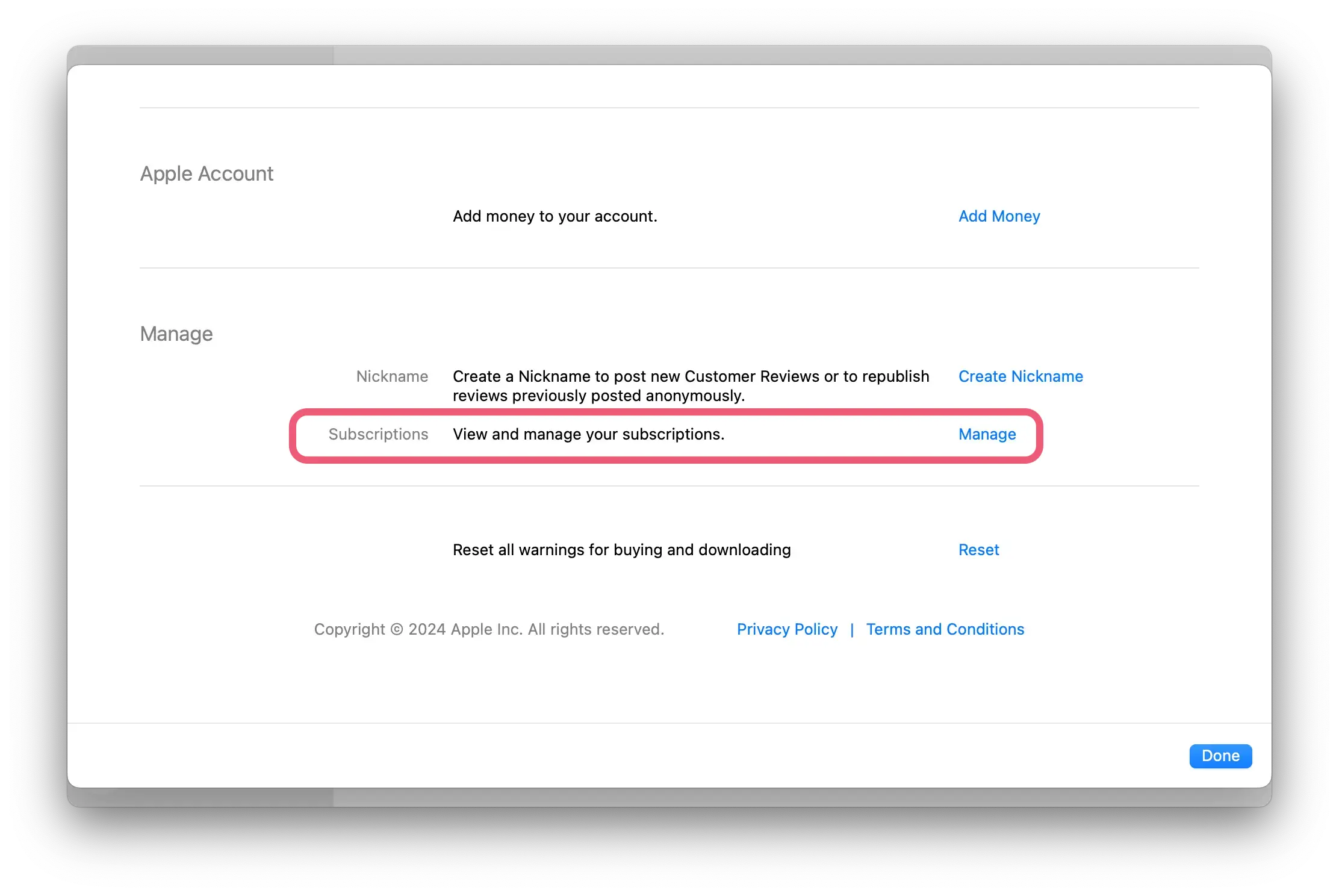 Manage subscriptions option on macOS App Store