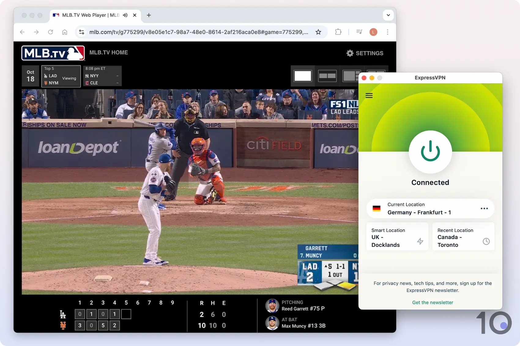 Bypassing MLB blackouts by connecting to a German ExpressVPN server