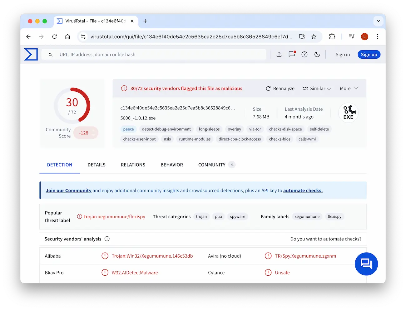 VirusTotal scan of the FlexiSPY app, showing it's a malicious file.