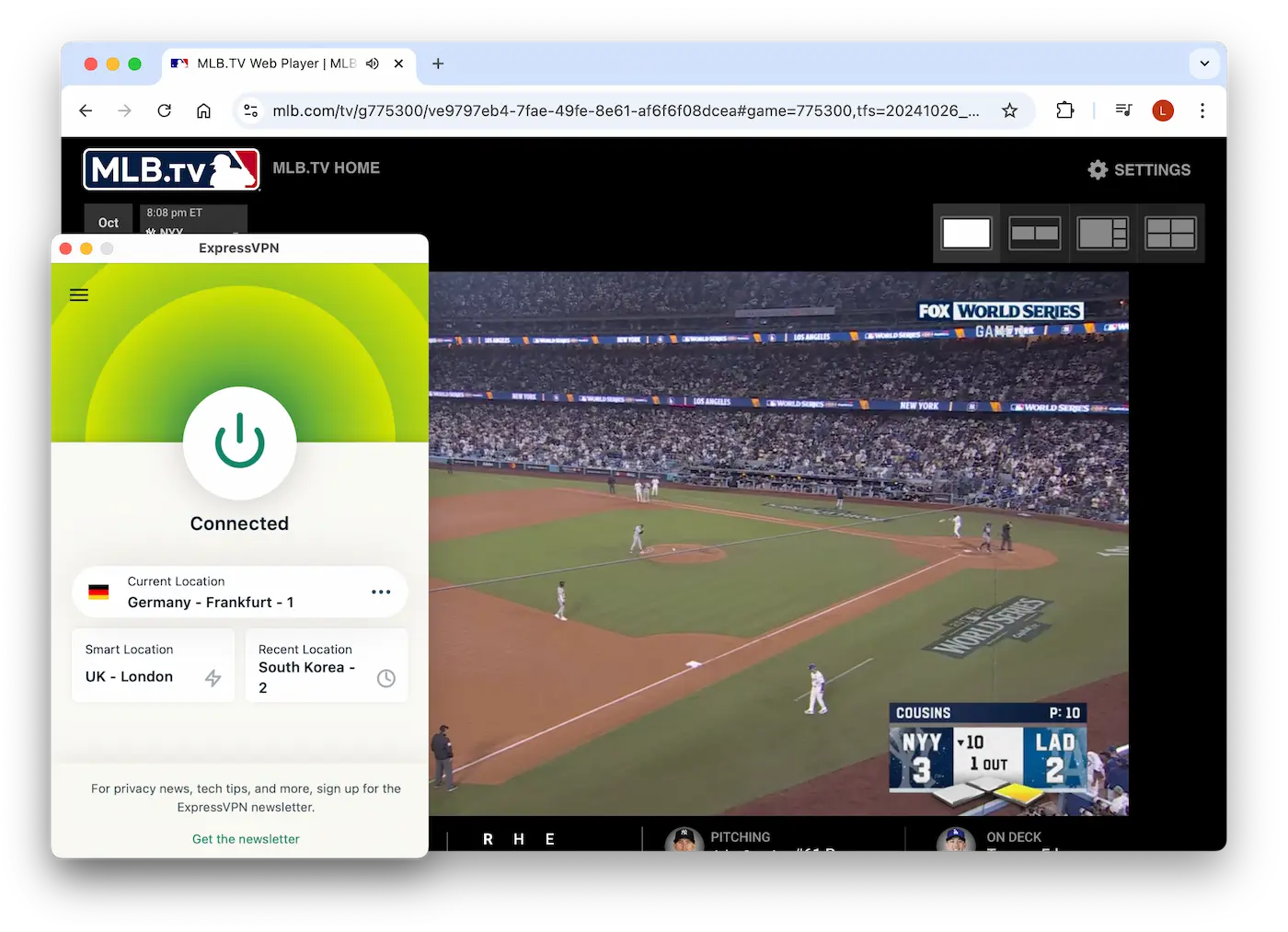 Watching the World Series by connecting to a VPN server in Germany