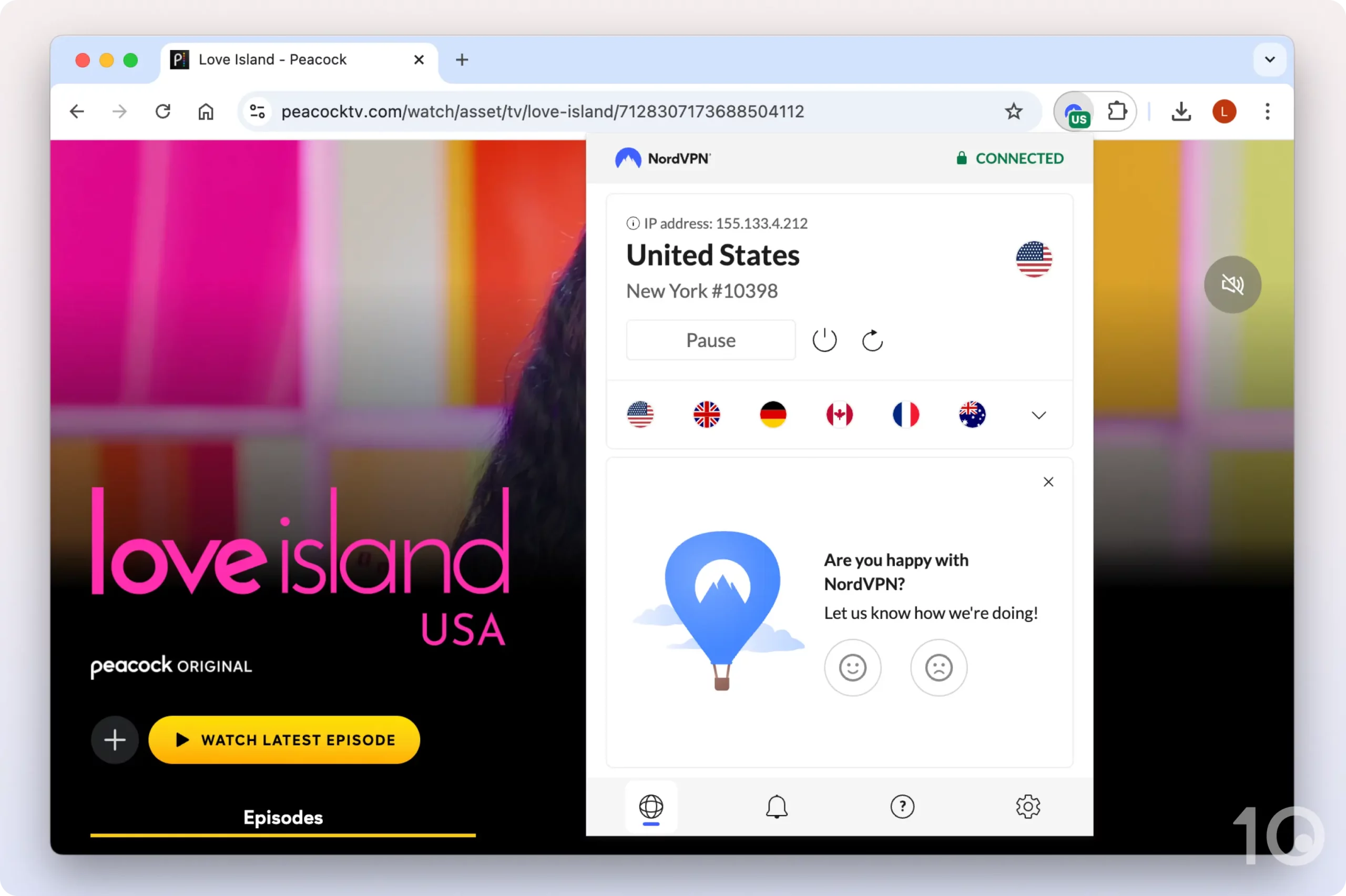 Connecting to a US NordVPN server to access Love Island on Peacock