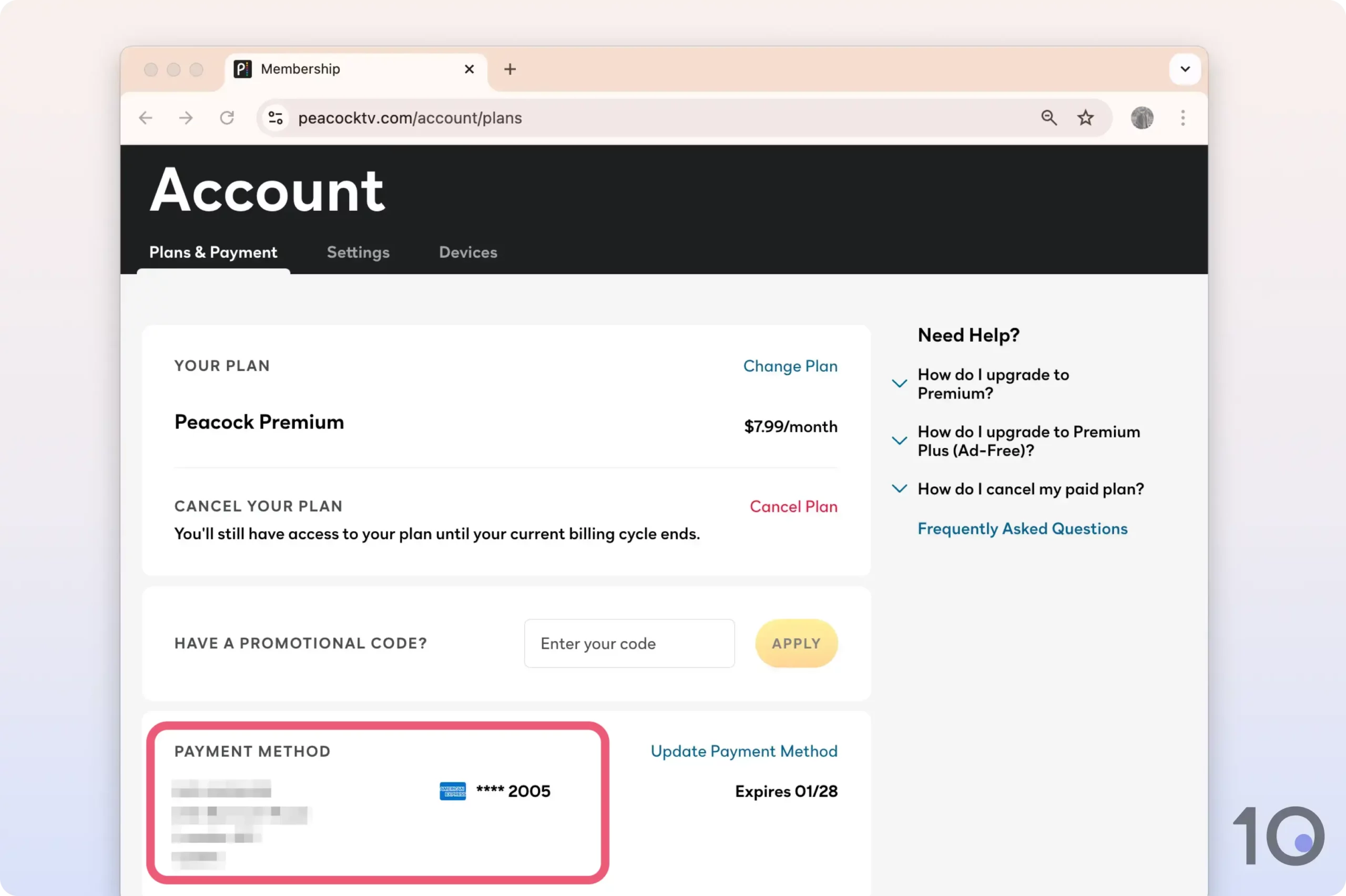 Peacock account screen, showing us successfully paying with a UK payment method