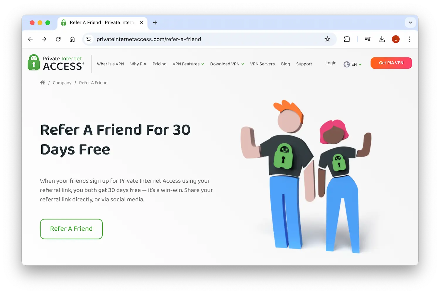 PIA VPN's 'Refer a Friend' page