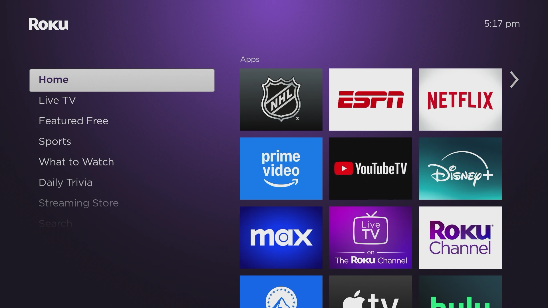 Screenshot of a Roku home screen with ESPN and NHL.TV installed.