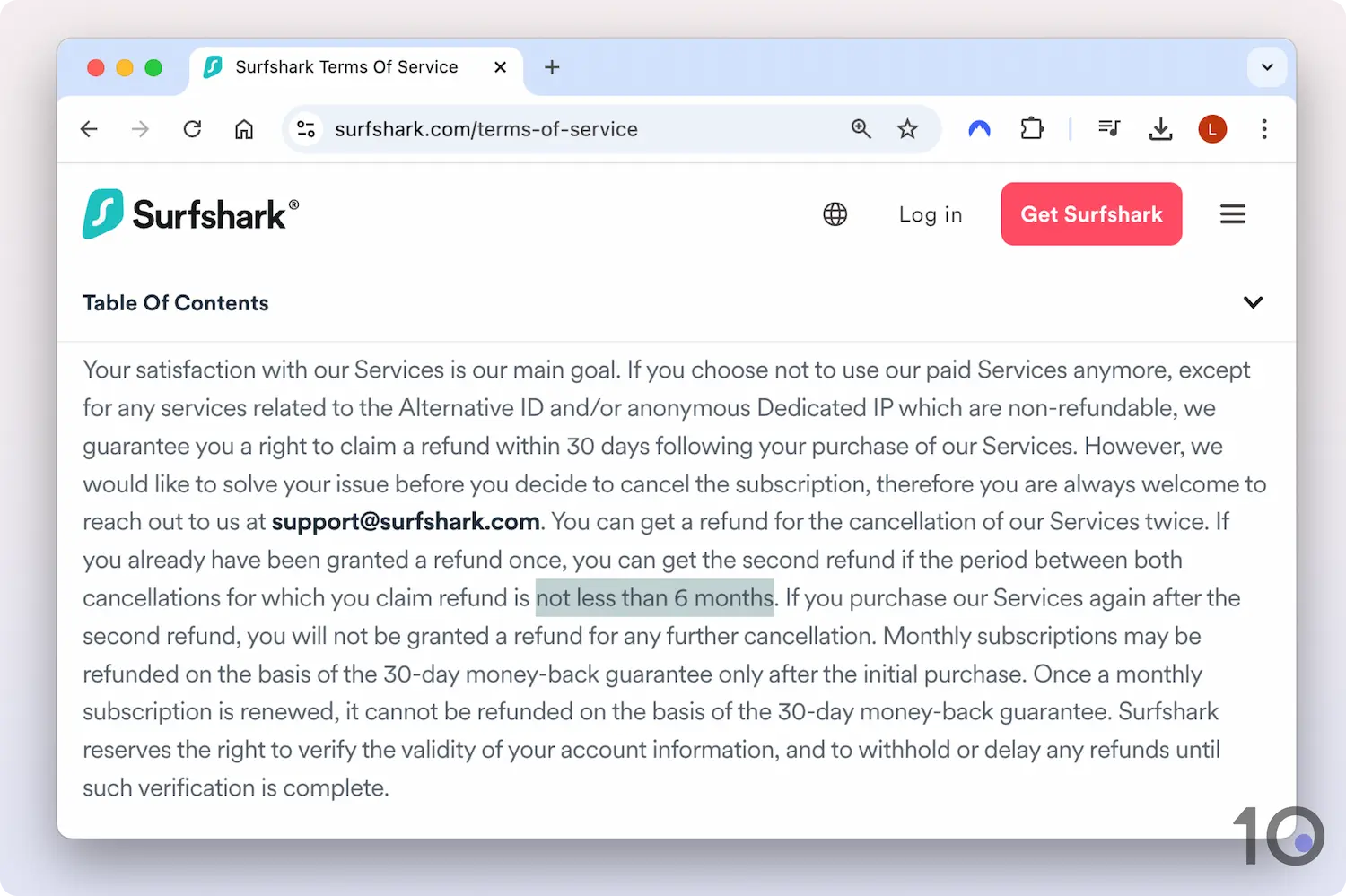 Los términos de uso de Surfshark establecen que puedes solicitar una devolución cada 6 meses