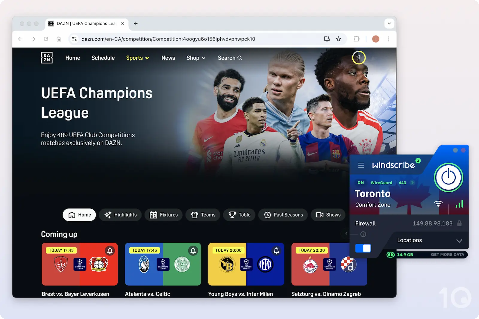 Accessing DAZN Canada while connected to a Canadian Windscribe Free server