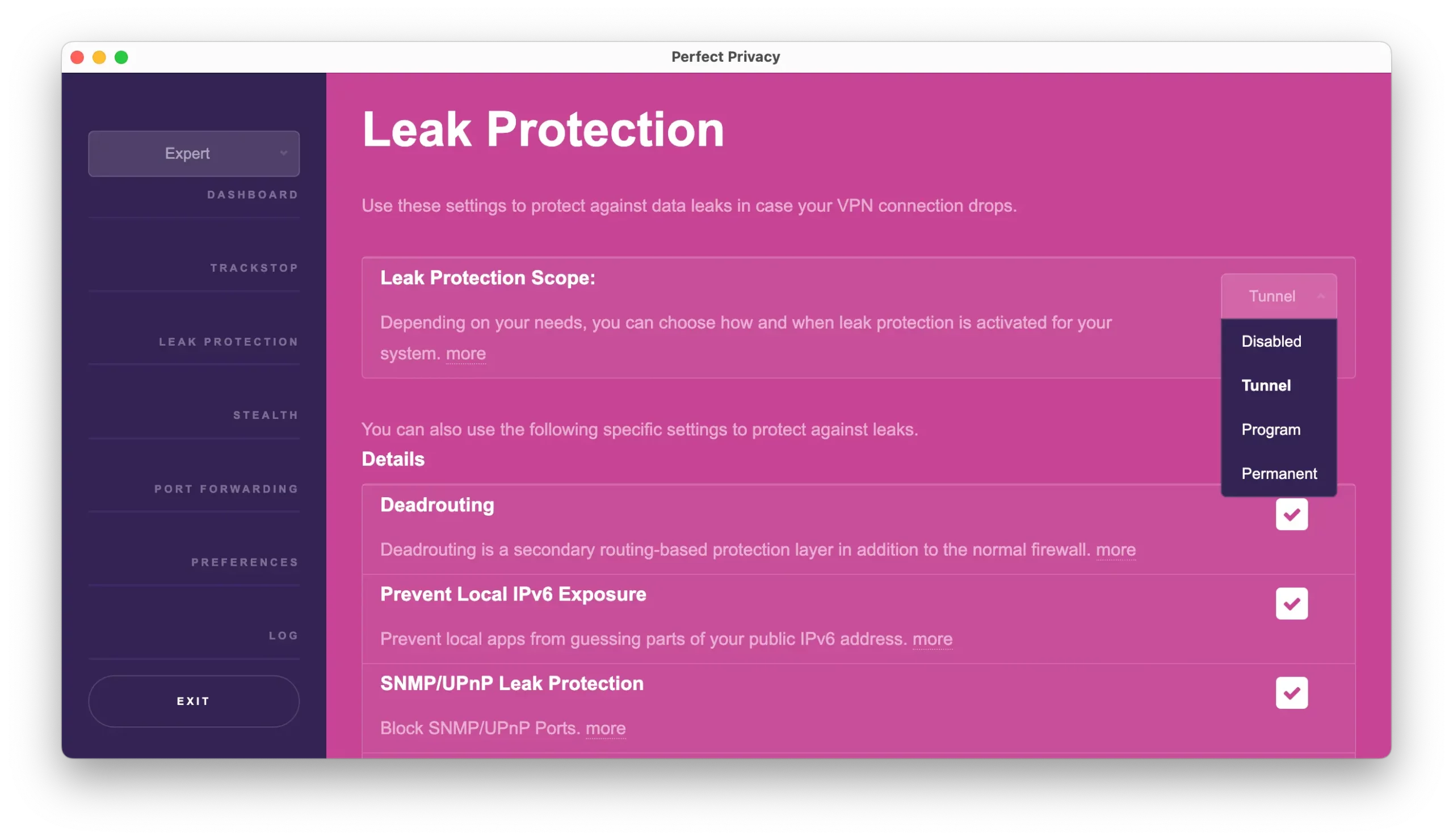 Perfect Privacy leak protection and kill switch