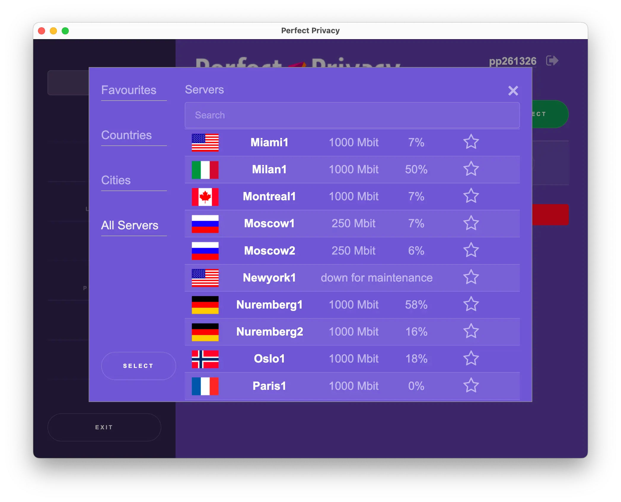 Perfect Privacy's server list on macOS