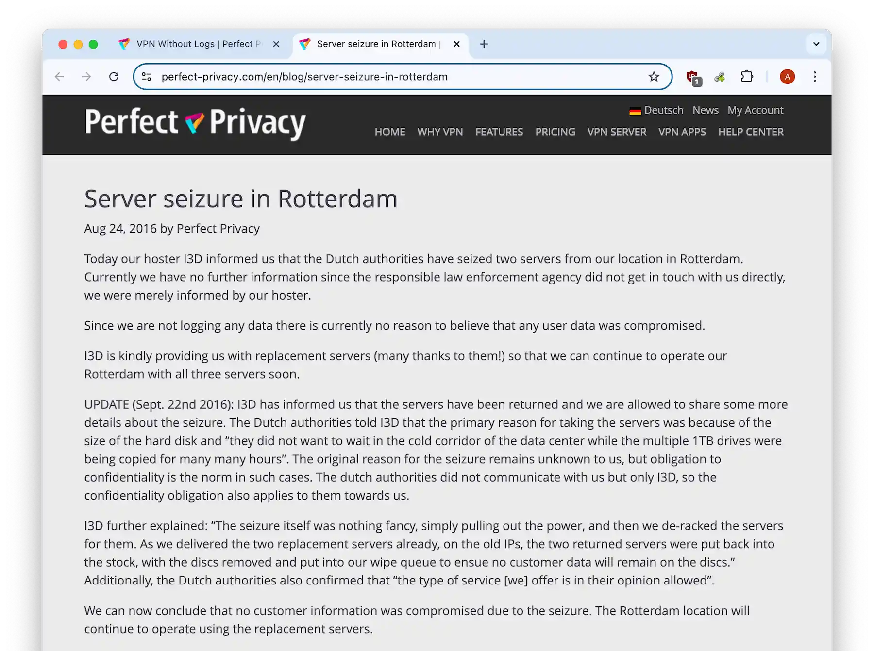 Perfect Privacy's announcement regarding a server seizure